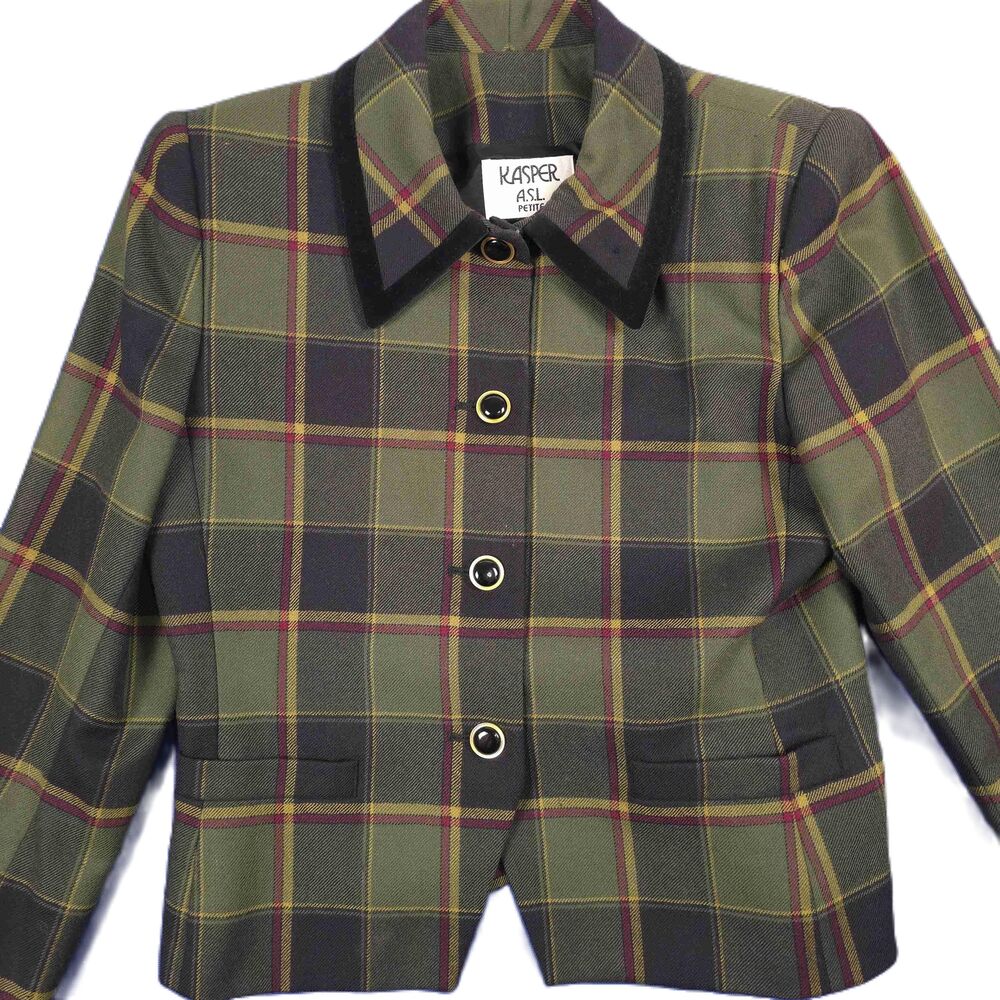 Kasper ASL Jacket Womens Petite 12 Multi Blazer1 00% Wool Plaid Tailored Notched